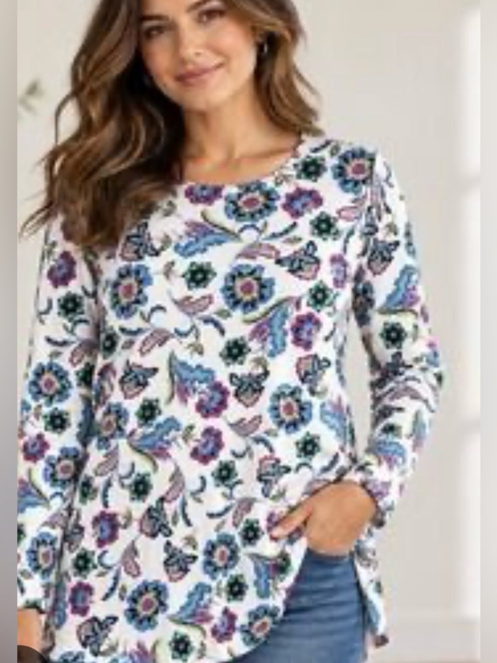 J. Jill Perfect Pima Crew-Neck Tunic Long-Sleeve Floral Print Top